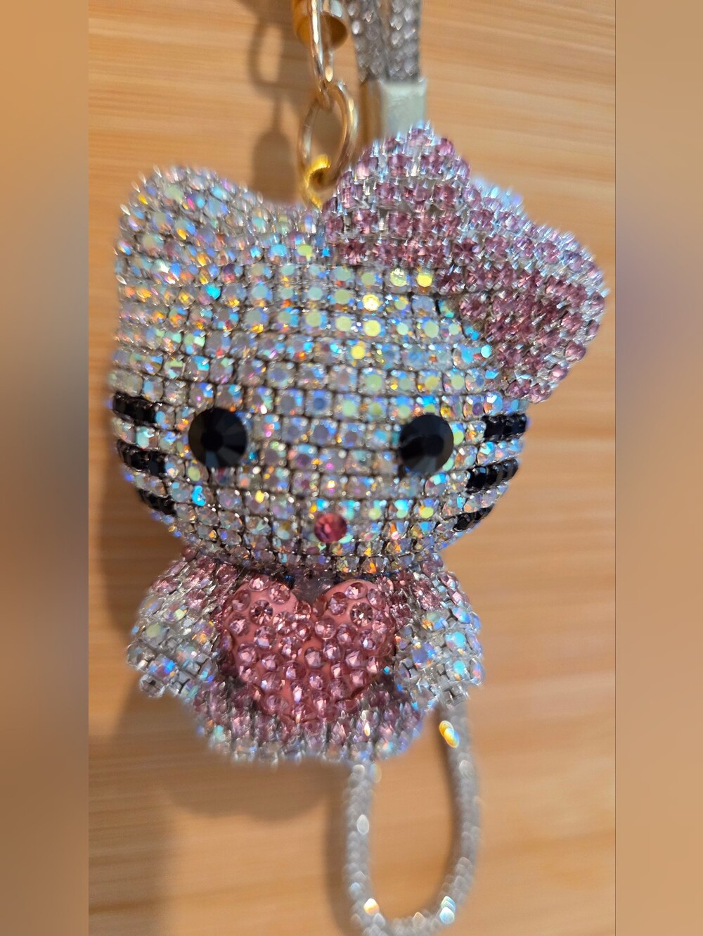 Crystal Rhinestone Kitty Keychain Pink Heart Mesh Strap Bag Charm Keyring